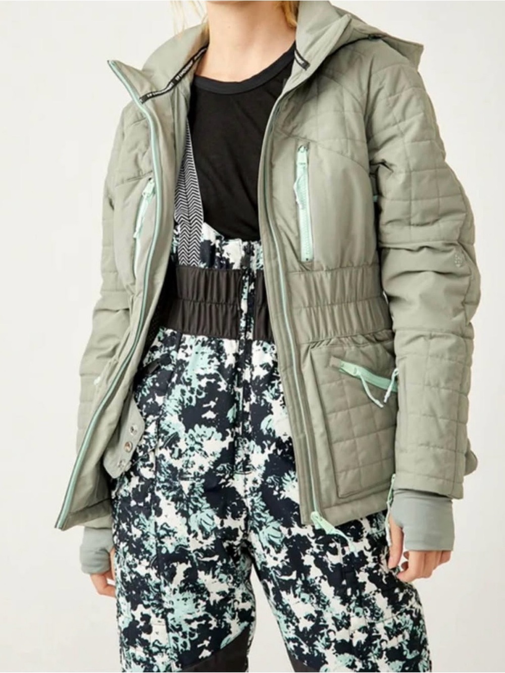 Free People Sage Green Quilted Hooded Ski Jacket